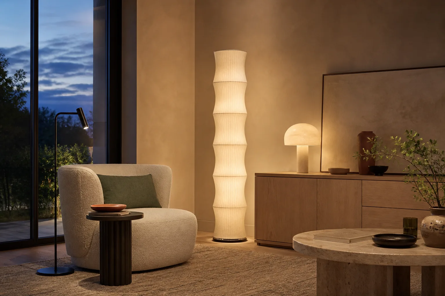Wohnzimmer mit warmem Zonenlicht und mehreren Leuchten