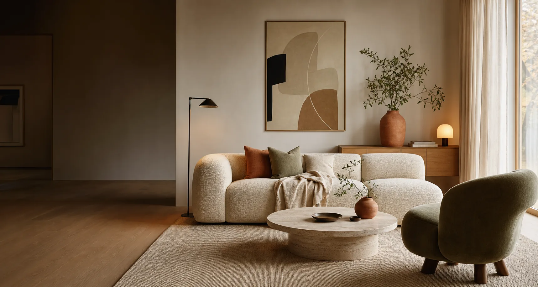 Warm und modern eingerichtetes Wohnzimmer in Creme, Salbei und Terrakotta