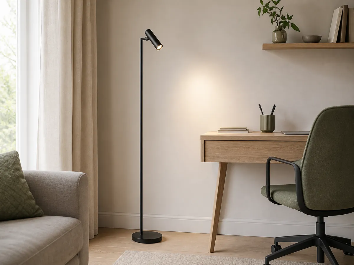 Neutrale Wohnvisualisierung einer schlanken industriellen Stehlampe mit verstellbarem Kopf
