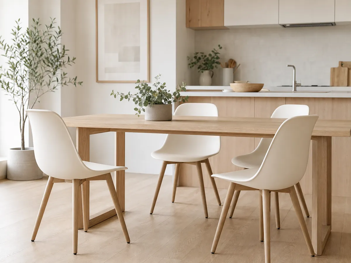 Neutrale Wohnvisualisierung schlichter heller Schalenstühle mit Holzbeinen