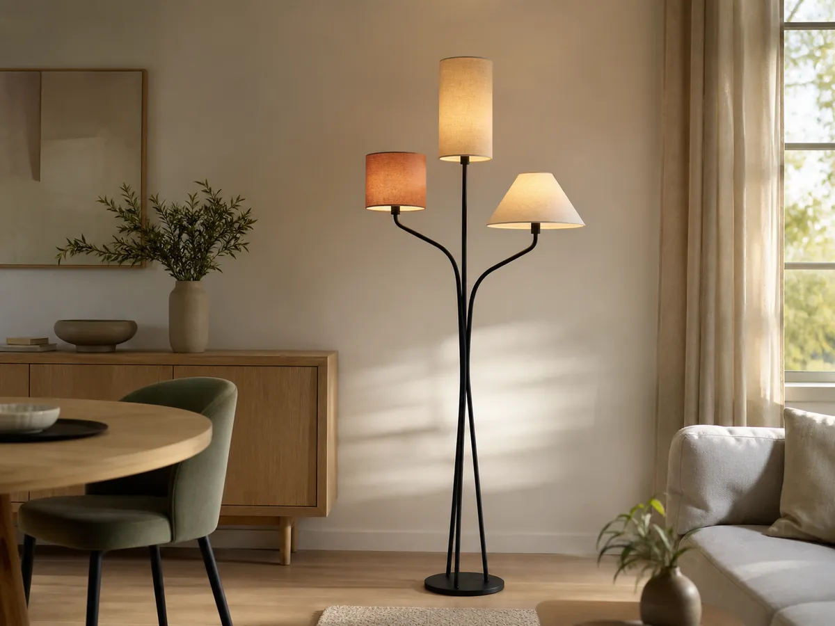 Neutrale Wohnvisualisierung einer dekorativen Retro-Stehlampe mit mehreren unterschiedlich geformten Schirmen