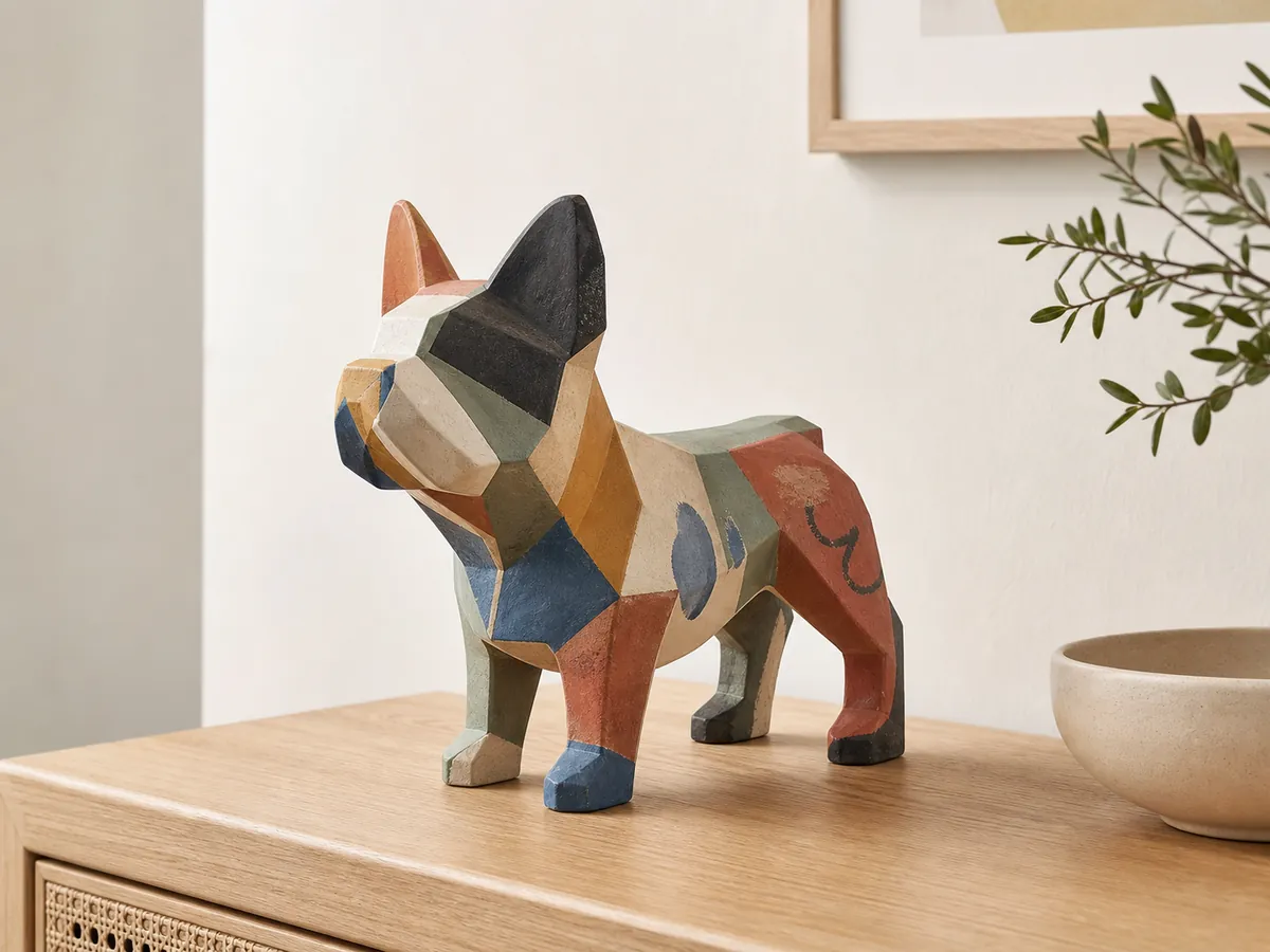 Neutrale Wohnvisualisierung einer kleinen abstrakten farbenfrohen Hunde-Skulptur auf einem Sideboard