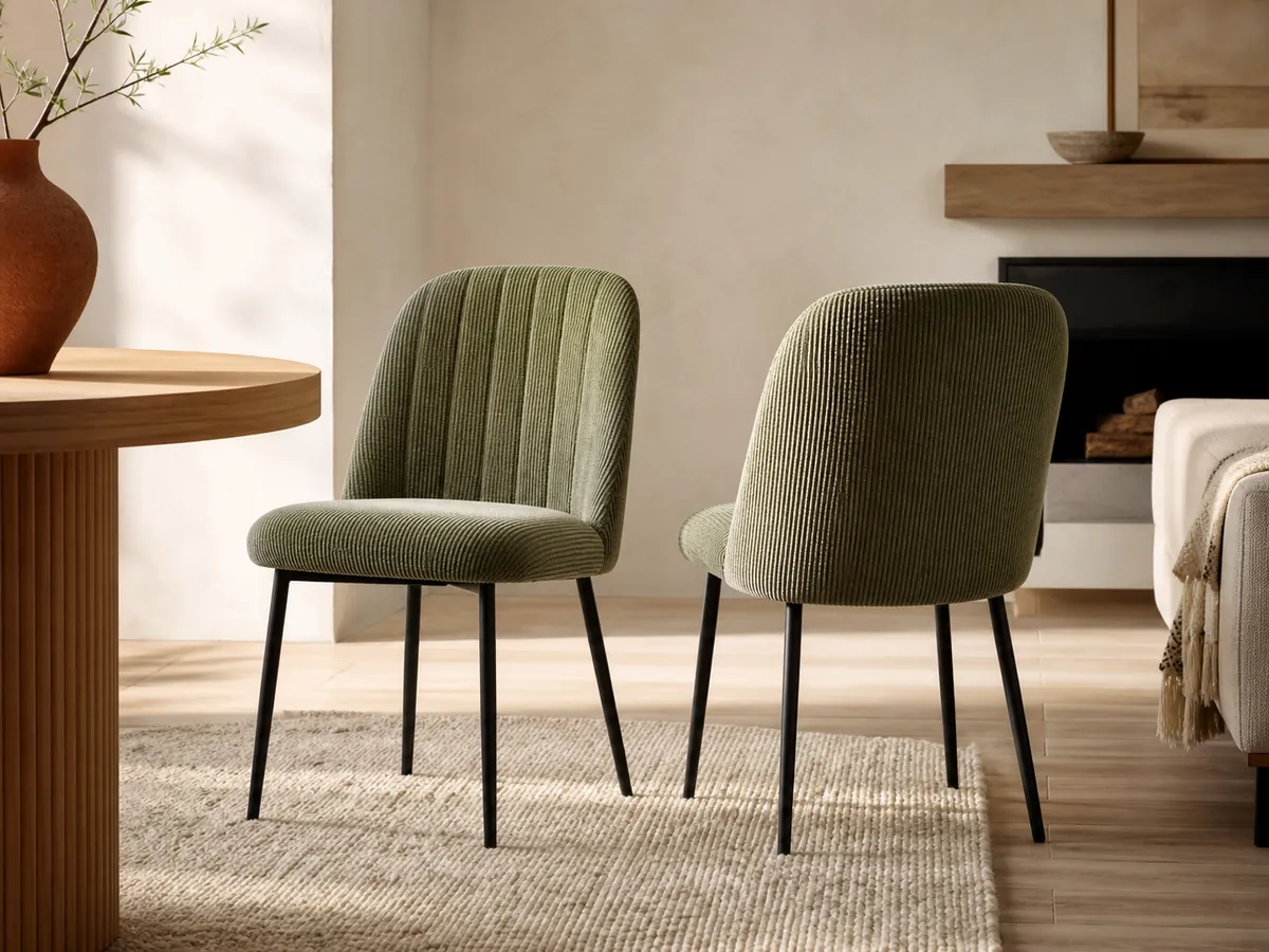 Neutrale Wohnvisualisierung moderner gepolsterter Esszimmerstühle mit Cordbezug