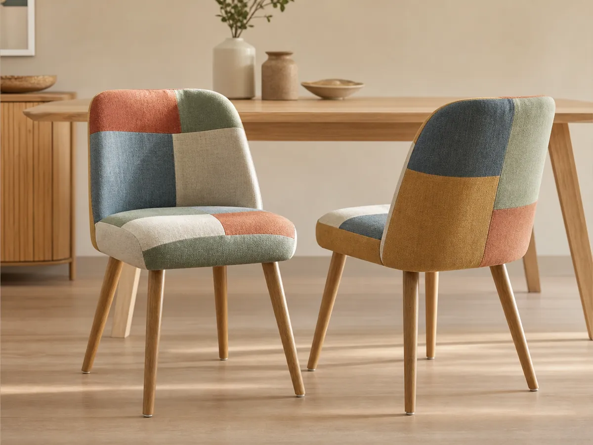 Neutrale Wohnvisualisierung farbenfroher Patchwork-Stühle mit Holzbeinen